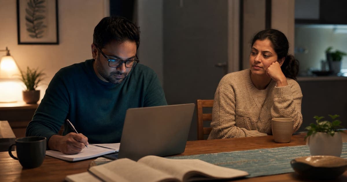 IT professional studying late at home while spouse sits nearby feeling the relationship strain of certification prep