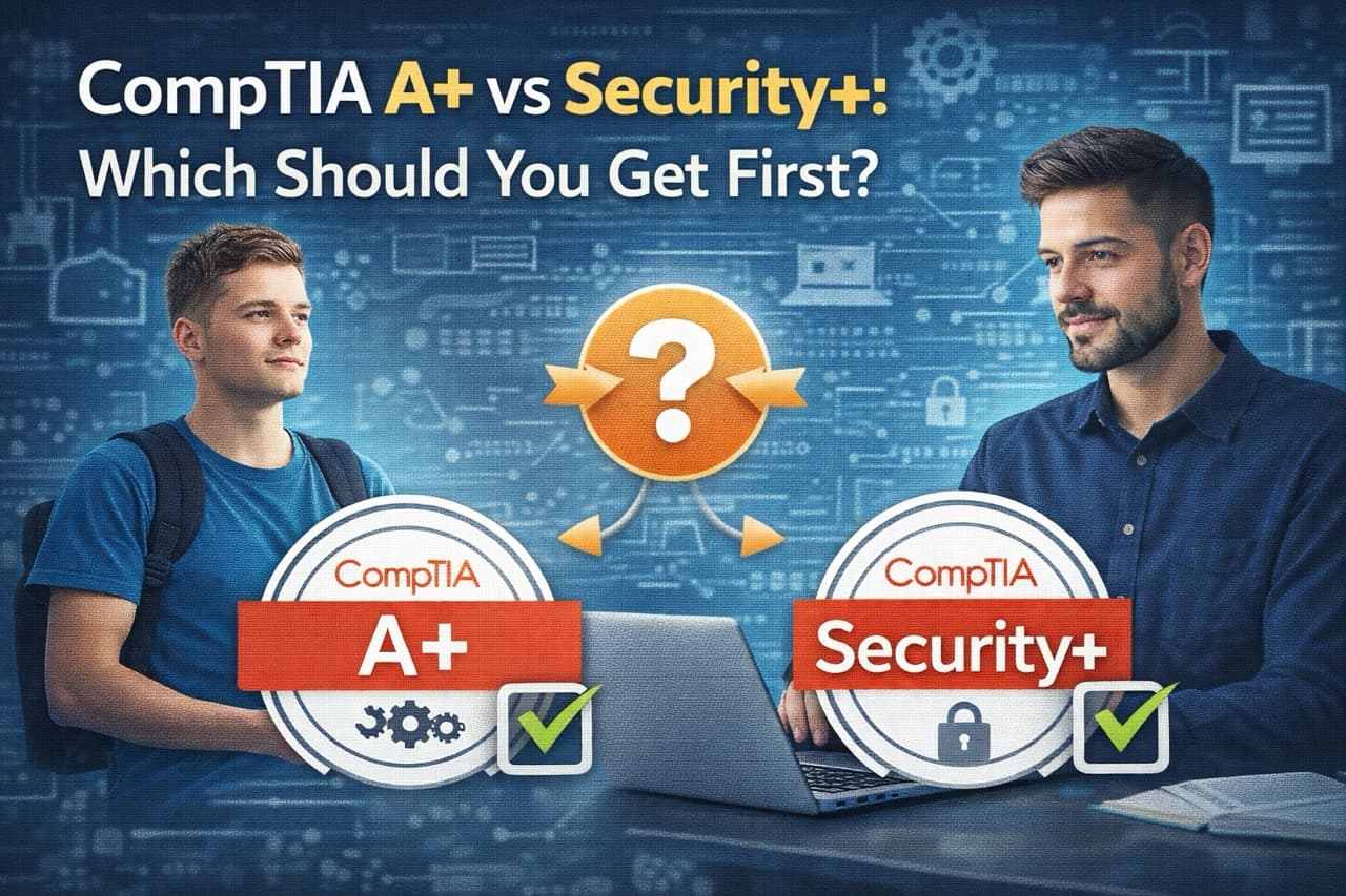 IT professional weighing CompTIA A+ vs Security+ certifications on a laptop at a desk
