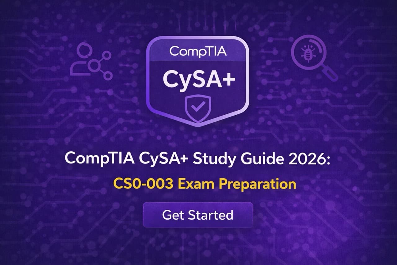 Cybersecurity analyst studying for CompTIA CySA+ CS0-003 exam with SIEM dashboard and security tools