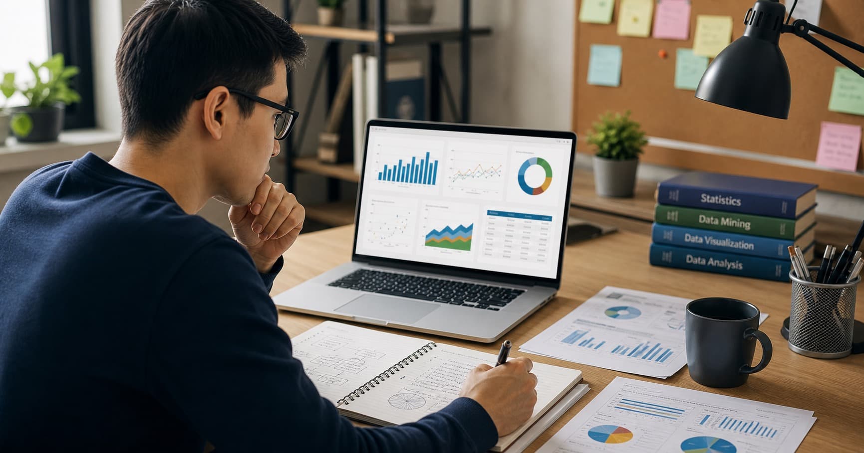Data analyst studying CompTIA Data+ DA0-001 exam preparation materials with dashboards and analytics charts