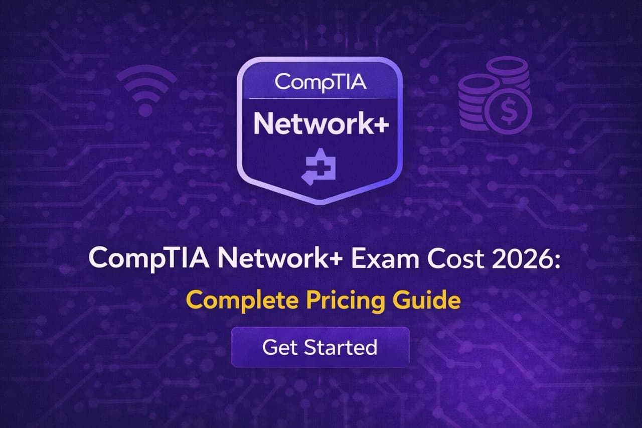 IT professional calculating CompTIA Network+ certification costs with laptop and budget spreadsheet