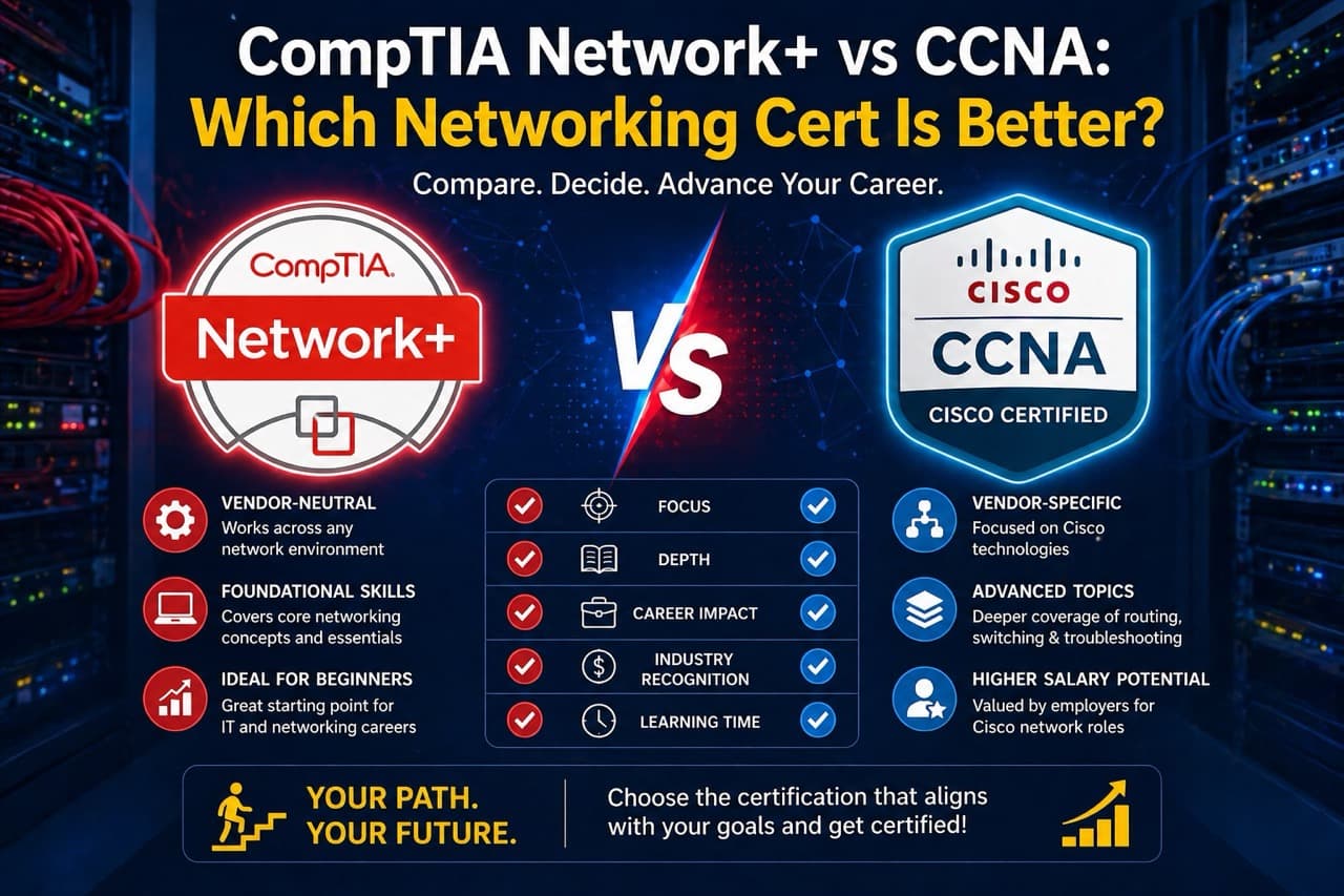 Network engineer comparing CompTIA Network+ and Cisco CCNA certification books on a desk