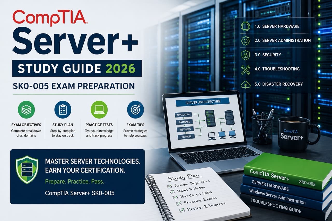 IT professional studying CompTIA Server+ SK0-005 exam materials at a server rack