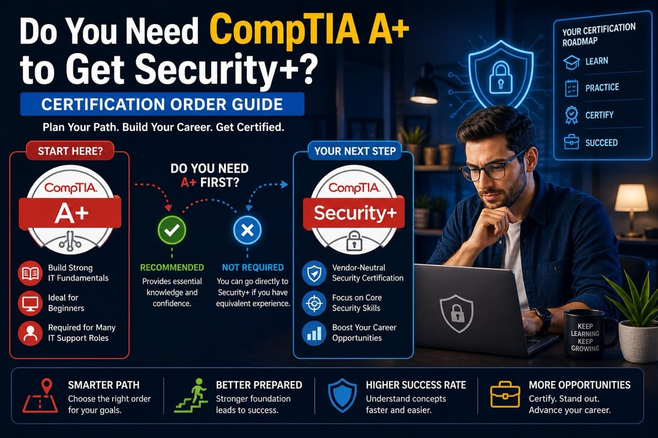 IT professional comparing CompTIA A+ and Security+ certification paths to decide which one to pursue first