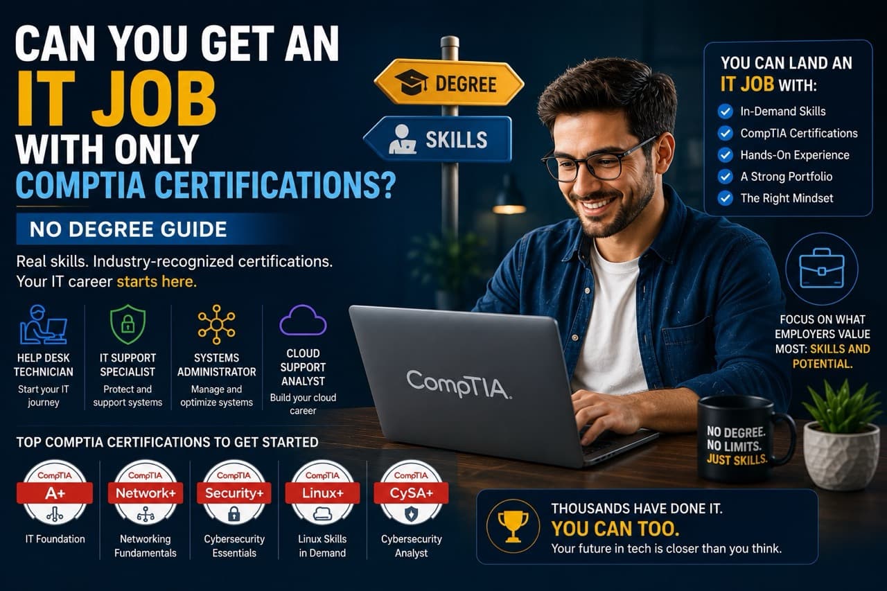 IT professional working at a computer without a college degree, CompTIA certifications displayed on wall