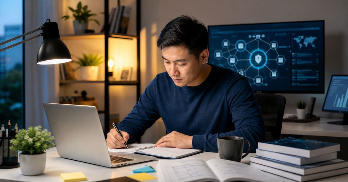 IT professional studying for CompTIA exams after work with laptop, planner, and certification materials