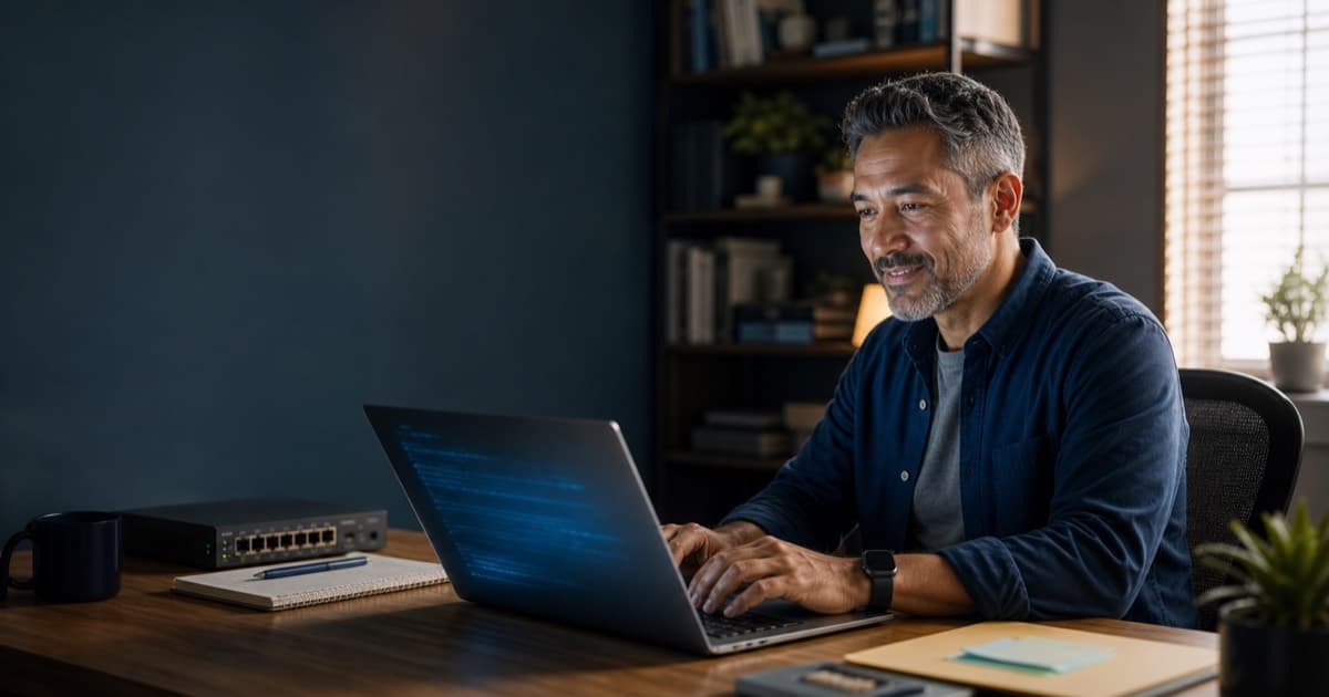 Professional over 40 studying for a CompTIA certification at a laptop in a home office