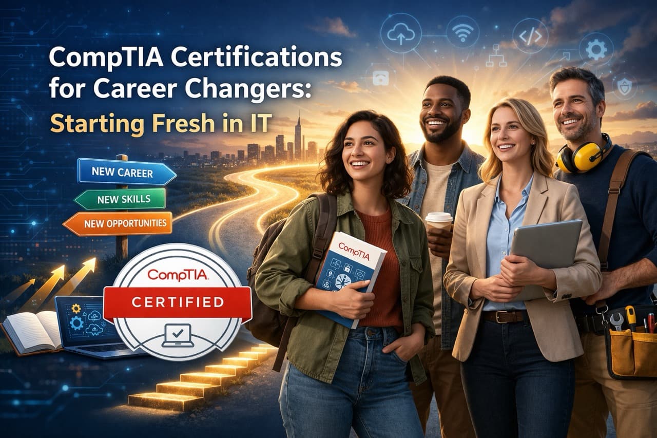 Professional making a career change to IT holding CompTIA certification study materials at a home desk