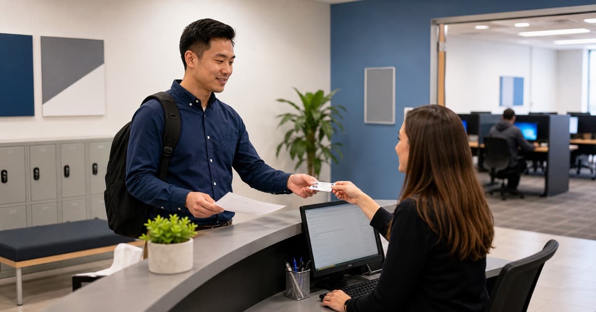 CompTIA candidate checking in at a professional testing center before exam day