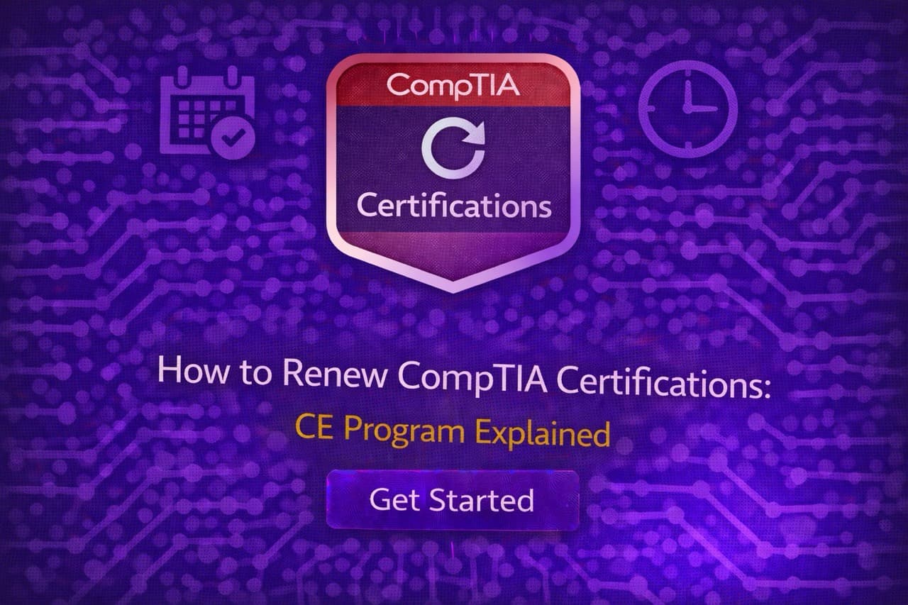 IT professional reviewing CompTIA certification renewal options and CEU requirements on a laptop