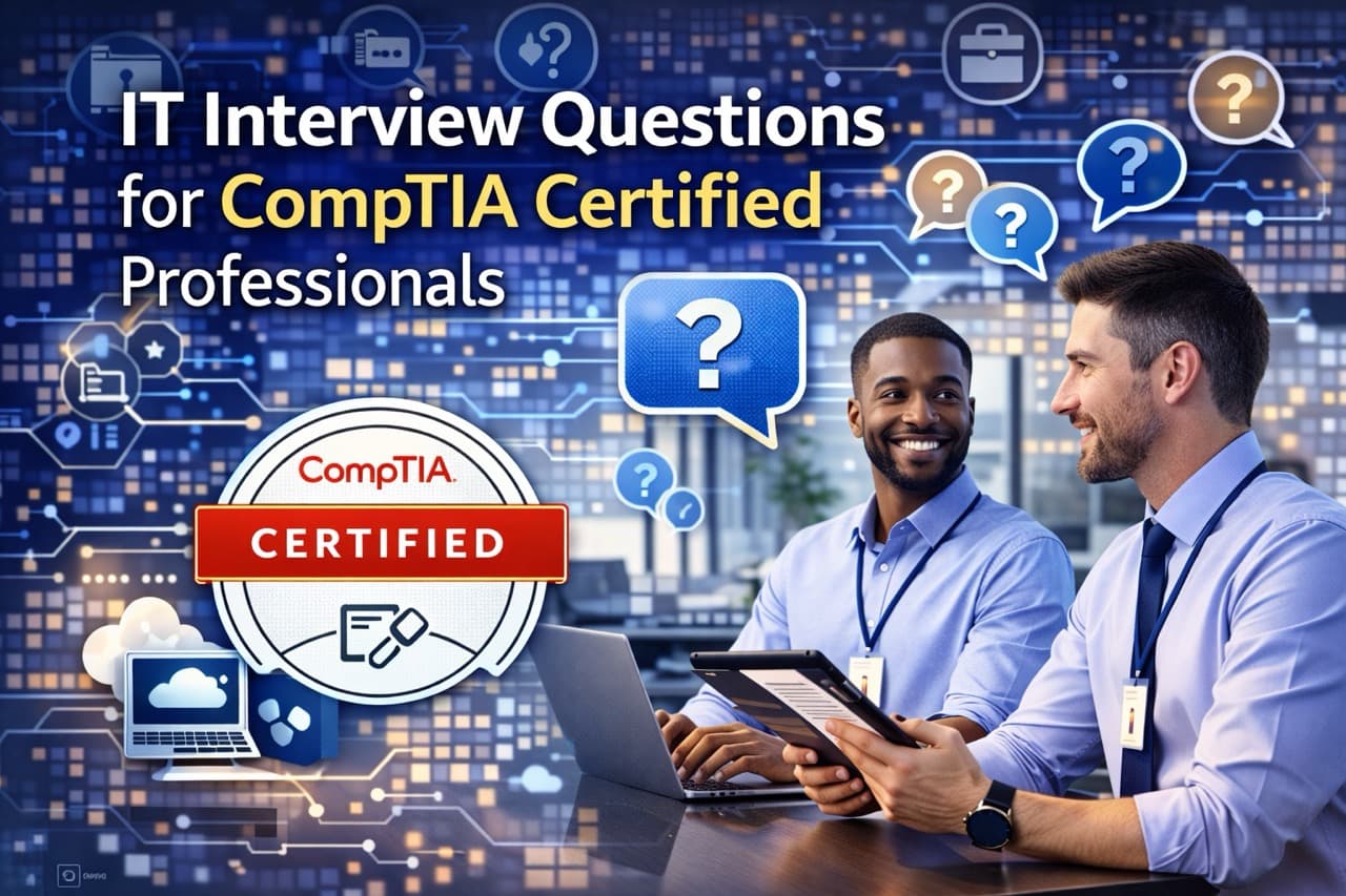 IT professional preparing for a job interview with CompTIA certification study materials on a desk